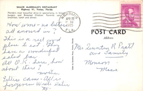 Venice Florida Smack McDonalds Restaurant Vintage Postcard AA92024 - Image 2