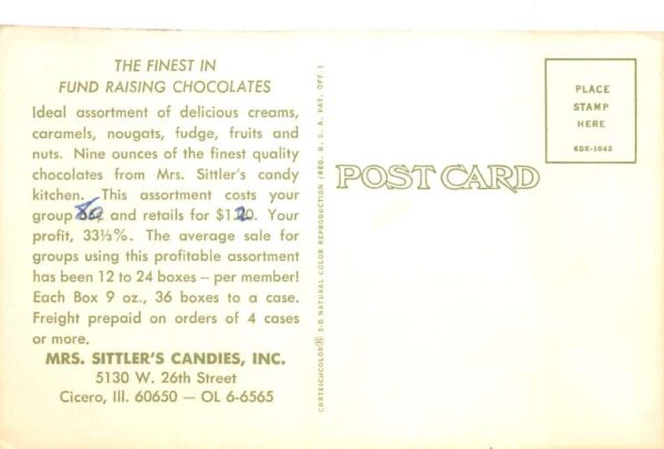 Cicero Illinois Mrs.Sittlers Candies Chocolate Ad Vintage Postcard AA92030 - Image 2