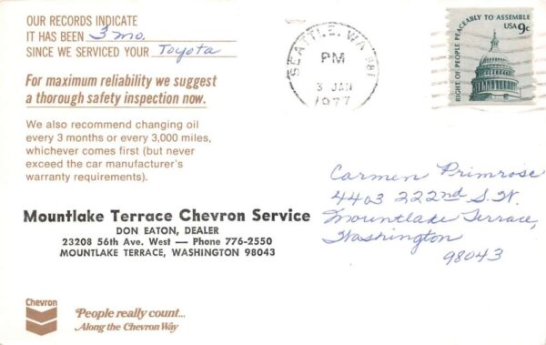 Mountlake Terrace Washington Chevron Service Mechanic Vintage Postcard AA92055 - Image 2