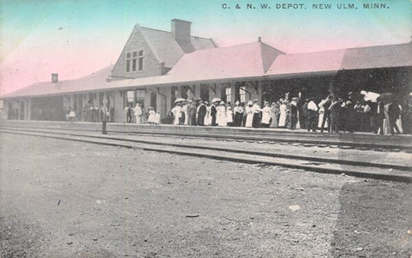 New Ulm Minnesota C. & N.W. Depot, Sky Tinted Lithograph, Vintage PC U21391
