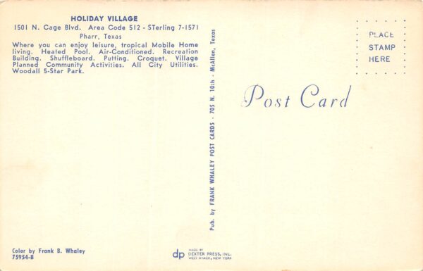 Pharr Texas Holiday Village Mobile Home Park, Chrome, Vintage Postcard U21407 - Image 2