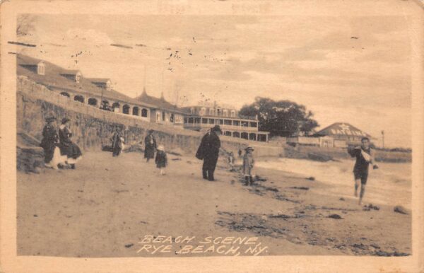 Rye Beach New York Beach Scene, B/W Lithograph, Vintage Postcard U21442