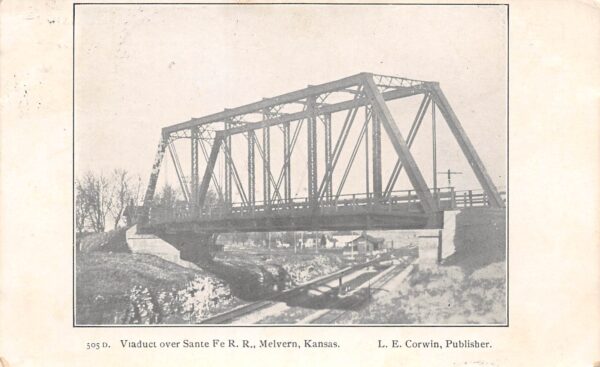 Melvern Kansas Viaduct Over Santa Fe Railroad, B/W Lithograph, Postcard U21447