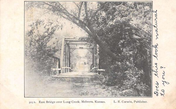 Melvern Kansas East Bridge Over Long Creek, B/W Lithograph, Vintage PC U21448