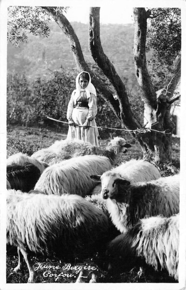 Corfou Greece Girl with Sheep Real Photo Vintage Postcard AA92478