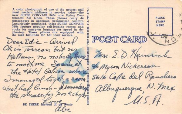 Continental Airline Convair Airplane Linen Vintage Postcard AA92560 - Image 2
