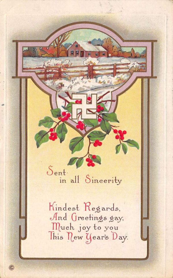 New Years Greetings Snow Covered Home Swastika Vintage Postcard AA92563