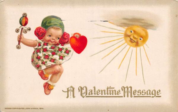 Valentine Greetings Dancing Girl with Heart Purse Sun Face Winsch PC AA92628