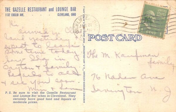 Cleveland Ohio The Gazelle Restaurant and Lounge Vintage Postcard AA92633 - Image 2