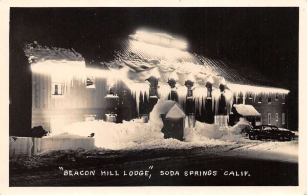 Soda Springs California Beacon Hill Lodge at Night Real Photo Postcard AA92635