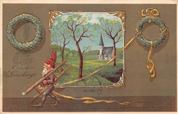 Easter Greetings Gnome Elf Decorating Wreaths Vintage Postcard AA92637