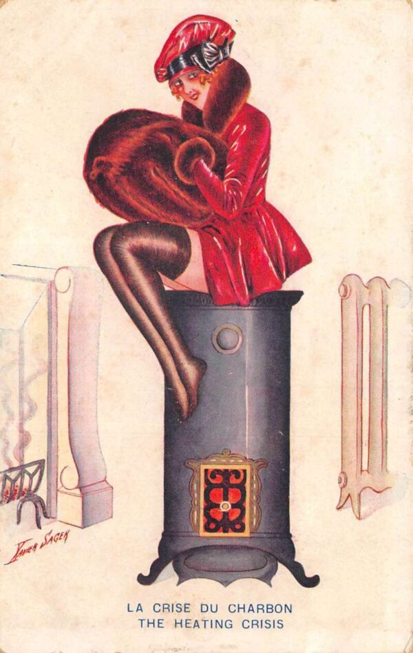 "The Heating Crisis" Pin up Girl sitting on Heater Signed Sager PC AA92643