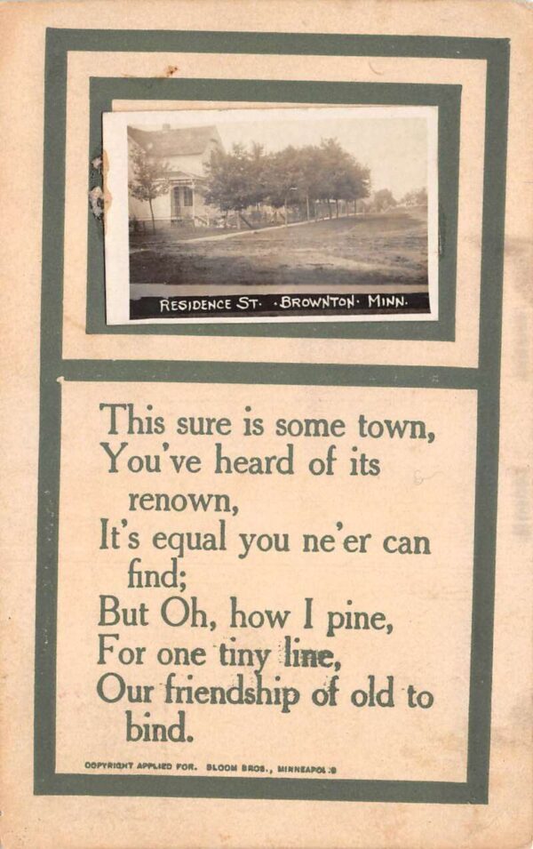 Brownton Minnesota Residence Street and Poem Real Photo Postcard AA92981