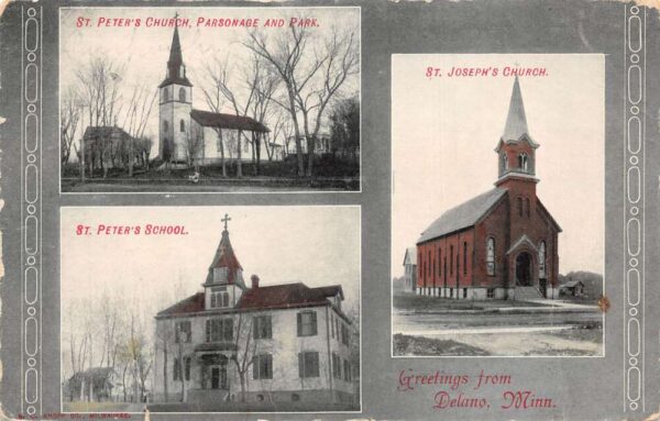 Delano Minnesota Churches St Peters School St Josephs Vintage Postcard AA93293