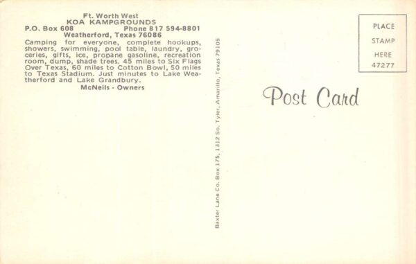 Weatherford Texas Ft. Worth West KOA Campgrounds, Chrome, Vintage PC U21870 - Image 2