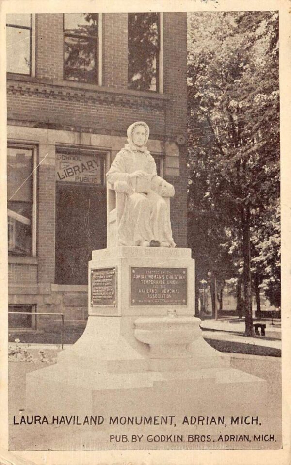 Adrian Michigan Laura Haviland Monument, B/W Lithograph, Vintage Postcard U21919