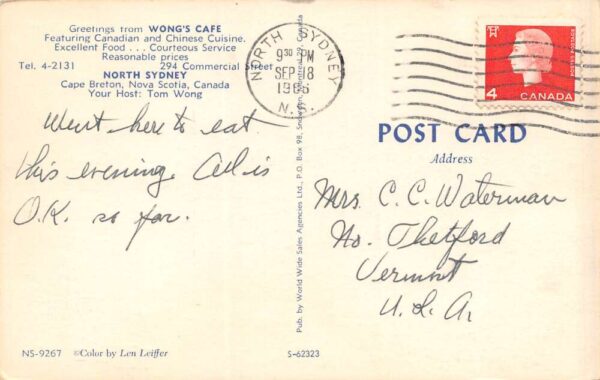 Nova Scotia Canada Wong's Café Chinese & Canadian Cuisine, PC U21936 - Image 2
