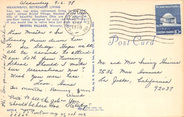 Waverly Ohio Bristol Village Retirement Homes, Chrome, Vintage Postcard U22670 - Image 2