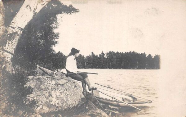 Hunting Scene Hunter Holding Gun with Canoe Real Photo Vintage Postcard AA98865