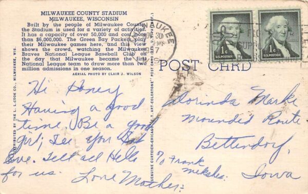 Milwaukee Wisconsin Baseball Stadium Birds Eye View Sports Postcard AA98882 - Image 2