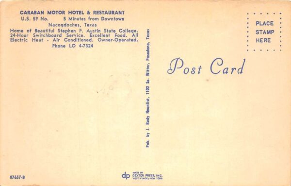Nacogdoches Texas Caraban Motor Hotel and Restaurant Vintage Postcard AA98914 - Image 2