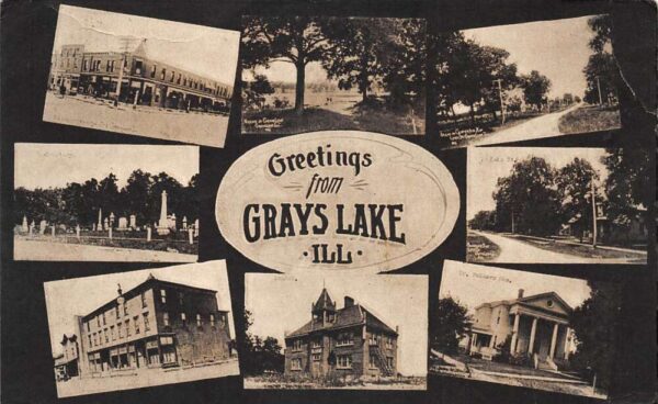 Grays Lake Illinois Greetings Cemetery School Multiview Vintage Postcard AA99104