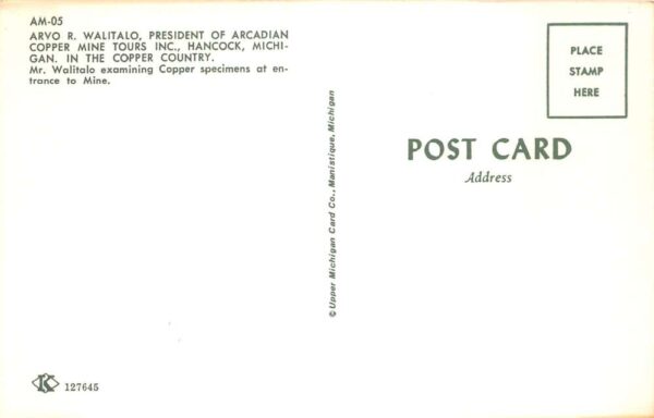 Hancock Michigan Arcadian Copper Mine Tours President Walitalo Postcard AA99122 - Image 2