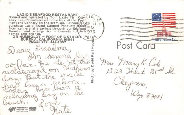 Eureka California Lazio's Seafood Restaurant Vintage Postcard AA99144 - Image 2