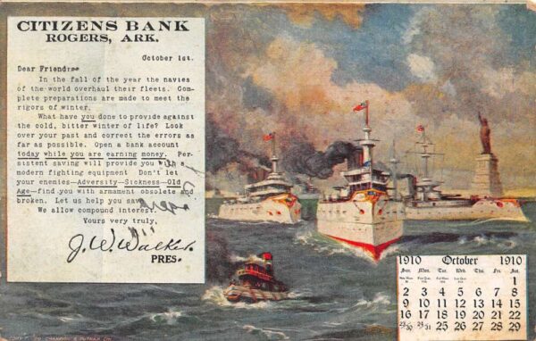 Rogers Arkansas Citizens Bank 1910 Ad Battleships Navy Vintage Postcard AA99173