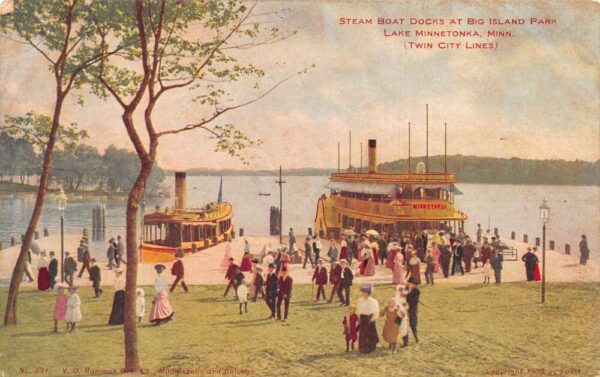 Lake Minnetonka Minnesota Big Island Park Steamboat Dock Postcard AA99175