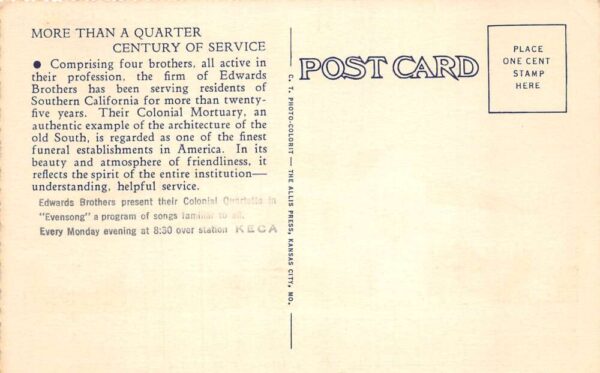 Los Angeles California Edwards Bros Colonial Mortuary Linen Postcard AA99207 - Image 2
