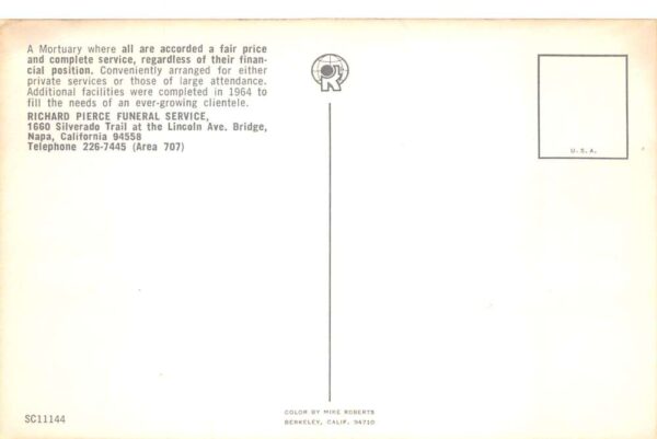 Napa California Richard Pierce Funeral Home Vintage Postcard AA99208 - Image 2