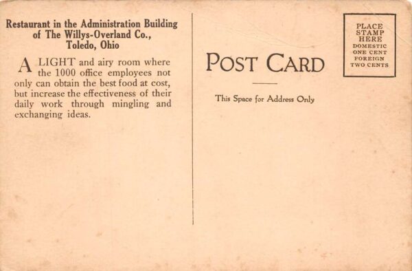 Toledo Ohio Willys Overland Co Admin Bldg Restaurant Postcard AA99232 - Image 2
