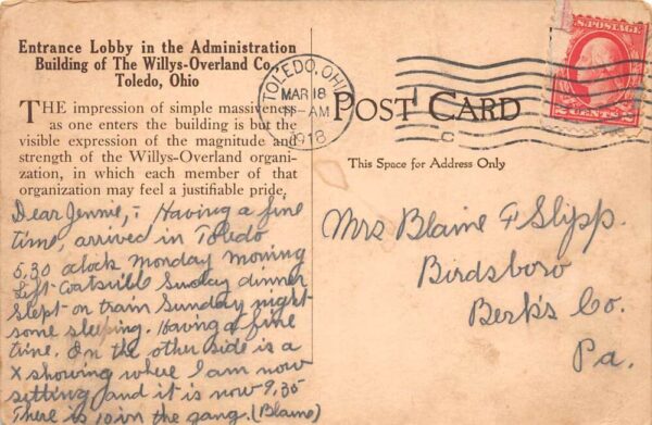 Toledo Ohio Willys Overland Co Admin Bldg Lobby Postal Used Postcard AA99233 - Image 2