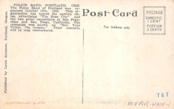 Portland Oregon Police Band Vintage Postcard AA99323 - Image 2