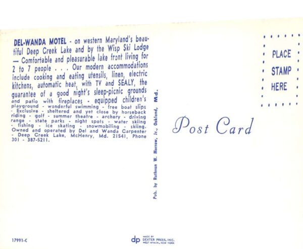 McHenry Maryland Del-Wanda Motel Deep Creek Lake Vintage Postcard AA99329 - Image 2