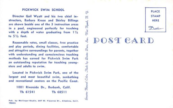 Burbank California Pickwick Swim School Swimming Pool Vintage Postcard AA99333 - Image 2