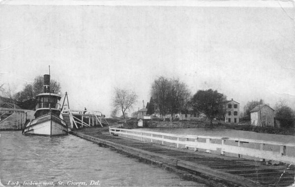 St Georges Delaware Boat in Canal Lock Looking West Vintage Postcard AA99470