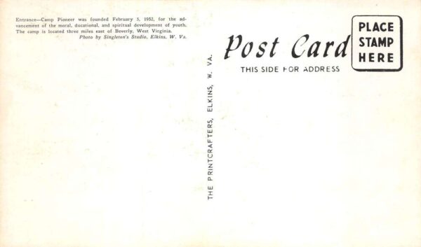 Beverly West Virginia Camp Pioneer Entrance Sign Vintage Postcard AA99477 - Image 2