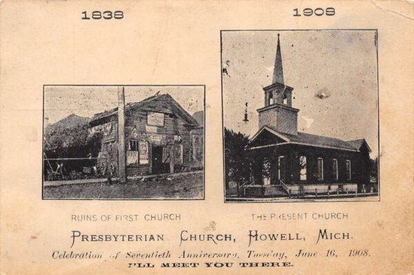 Howell Michigan Presbyterian Church in 1838 and 1908 Vintage Postcard AA99490