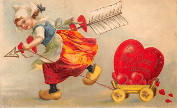 Valentine Greetings Dutch Girl with Hearts in Wagon Vintage Postcard AA99524