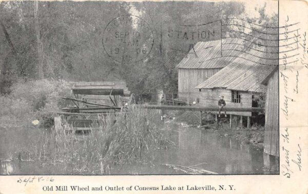 Lakeville New York Old Mill Wheel and Conesus Lake Vintage Postcard AA99564