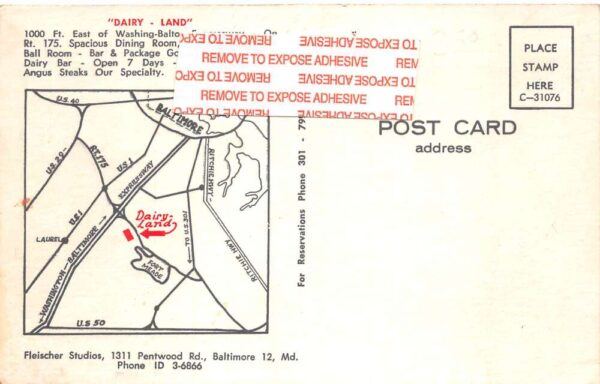 Baltimore Maryland Dairy Land Restaurant Vintage Postcard AA99572 - Image 2