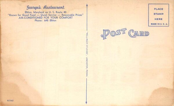 Elkton Maryland Georges Restaurant Linen Vintage Postcard AA99582 - Image 2
