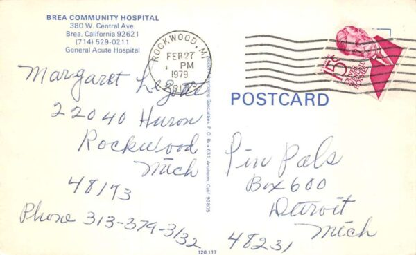 Brea California Brea Community Hospital Vintage Postcard AA99622 - Image 2