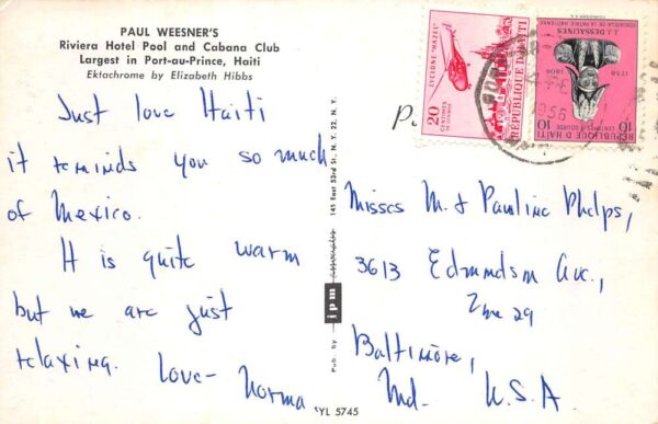 Port au Prince Haiti Riviera Hotel Pool and Cabana Club Vintage Postcard AA99628 - Image 2