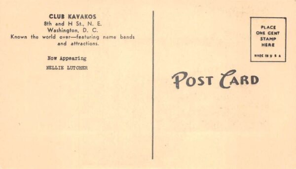 Washington DC Club Kavakos Nellie Lutcher Singer Pianist Postcard AA99711 - Image 2