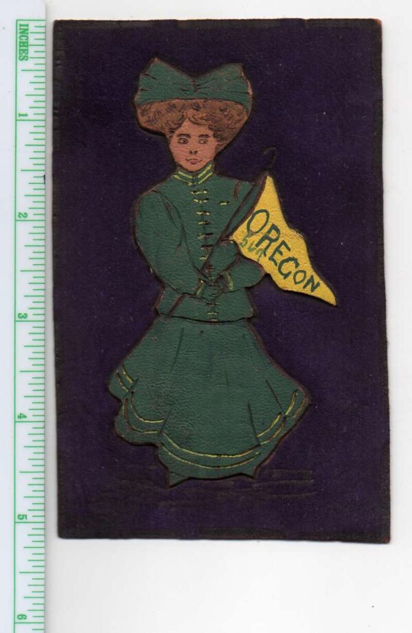 Oregon College Girl with Pennant Flag Leather Vintage Postcard AA99723