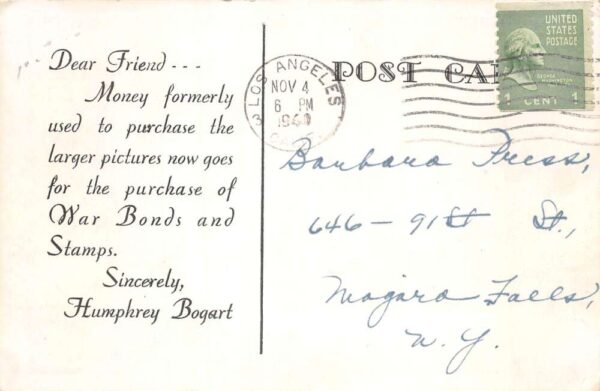 Humphrey Bogart and Dog War Bonds and Stamps Ad WW2 Vintage Postcard AA99750 - Image 2