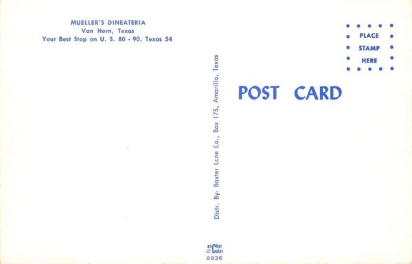 Van Horn Texas Mueller's Dineateria Vintage Postcard AA99772 - Image 2